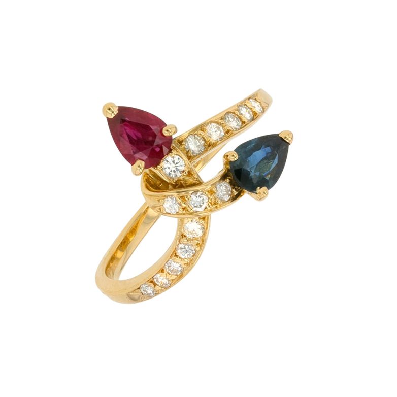 Bague rubis, saphir et diamants or jaune 3.21g Comme neuf -  reconditionné disponible sur Gemme Les Bijoux